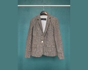 Zara Basic marynarka wełniana w kratkę z łatami szary żakiet wełna