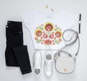 Nowy damski t-shirt biały M z ludowym nadrukiem polska produkcja