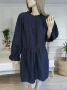 NOWA Granatowa krótka sukienka midi długi rękaw ażurowa bawełniana L 40