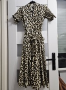 Bawełniana sukienka midi w panterkę z bufiastymi rękawami Zara XS