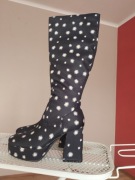 Anna Field Kozaki platforma 39 kwiaty czarne do kolan słupek retro 70