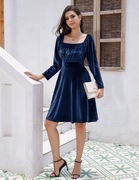 Wedtrend piękna elegancka aksamitna sukienka z długim rękawem wesele Navy L