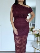 Koronkowa burgundowa asymetryczna sukienka midi XL romantyczna