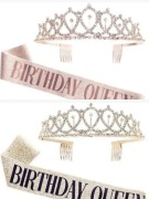  TIARA OPASKA i SZARFA Urodziny ZŁOTY/RÓŻOWY śr 13-14cm Metalowa 