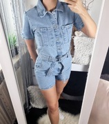 Kombinezon damski jeansowy z wiązaniem w pasie jeans S