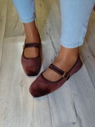 (39/40) Brązowe, Welurowe aksamitne baleriny wieczorowe z zapięciem, NOWE 