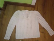 Sweter wełniany robiony na drutach biały PRL vintage wełna