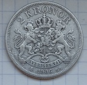 #2524 Szwecja 2 korony 1906 srebro 