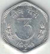 Indie 3 pajsy paise 1966 B - 21,3 mm - Bombaj - nr 1