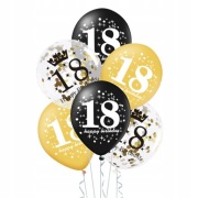 Balony na 18 Urodziny Zestaw Złoty Czarny 18-stka 15szt MIX Konfetti Party 