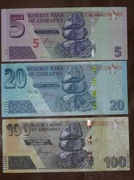 Banknoty 5, 20, 100 dolarów Zimbabwe 2016, 2020