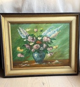 Obraz stary sygnowany malowany kwiaty olej na płycie drewniana rama