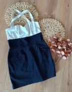 Biało granatowa marine sukienka na ramiączkach wizytowa biurowa 42XL