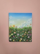 Obraz ręcznie malowany pejzaż 20x25cm łąka kwiaty akryl