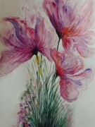 Akwarela z różowo- fioletowymi kwiatami format A3.