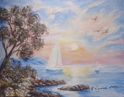 OBRAZ RĘCZNIE MALOWANY PEJZAŻ AKRYLOWY "WIATR W ŻAGLE" - 24x30cm