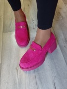 (40) Różowe, Zdobione mokasyny czółenka na platformie, Nowe 