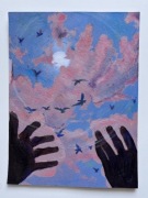 Obraz autorski  – akryl na papierze – ptaki, dłonie, niebo