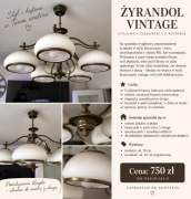 Żyrandol vintage retro 5-punktowy mosiądz/brąz mleczne szkło