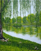 PEJZAŻ RĘCZNIE MALOWANY AKRYLOWY "W PARKOWYM BLUSZCZU" - 30x24cm