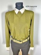Sweter damski lekki cienki Kaszmir L 40 wiosenny oliwkowy khaki warkocz