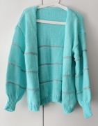 Turkusowy gruby kardigan w srebrne pasy z bufiastymi rękawami Nowy M