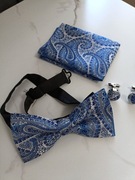 Zestaw mucha muszka poszetka spinki do mankietów koszulki wzorki niebieska