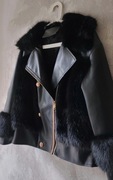 Czarna Kurtka eko skóra ramoneska złote napy futerko czarne ocieplana M/L