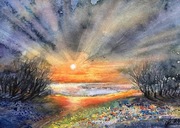 Piękny zachód słońca akwarela original A4