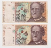 Hiszpania 5000 peseta 1992 P.165  Zestaw 2 sztuki
