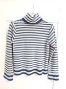 niebieski sweter w pasy paski z golfem 34 36XS bialy zimowy cieply