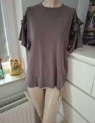 S szary fioletowy T-shirt bluzka z falbankami z perełkami Oversize boho