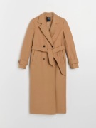 Długi beżowy płaszcz dwurzędowy S