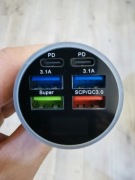 Ładowarka samochodowa 6-cio portowa z USB-C z wyświetlaczem cyfrowym.