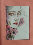 Akwarelowy portret kobiety z kwiatami - format A4. 