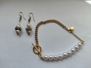 Bransoletka złoty łańcuszek z perłami stal chirurgiczna+kolczyki 