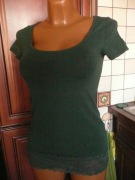 bluzka T-shirt ZALANDO zieleń butelkowa bawełna S/M koronka