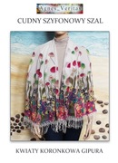 Cudny Biały Szal Szyfon Koronkowa gipiura Kwiaty