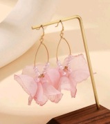 Kolczyki kwiaty szyfonowe jasny róż z koralikami 