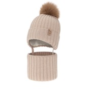 Czapka i komin dla chłopca, zimowy komplet, beżowy, z pomponem