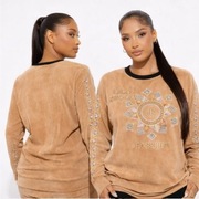 Bluza welurowa LIRO RICCO–beżowo-karmelowa zdobiona cyrkoniami–rozmiar S/M