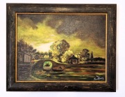 Wyjątkowy Pejzaż Wiejski z Mostem i Łódkami, Obraz Zachód Słońca nad Stawem