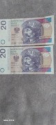 Banknoty 2 szt 20 zł kolejne numery