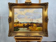 Obraz olejny – pejzaż z jeziorem i chmurami – Wieczorek, olej na dykcie 06