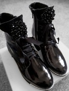 Czarne Lakierowane Botki Avanti,Skóra Naturalna,ozdobne Koraliki rozmiar 36