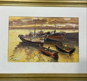 Obraz olejny ręcznie malowany łodzie rybackie golden Hour zachód słońca