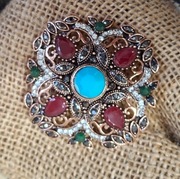 Burgundowo turkusowa pozłacana broszka w stylu vintage, nowa, piękna