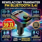 Transmiter FM Bluetooth 5.4 QC3.0 PD 20W RGB TF USB-C Zestaw głośnomówiący