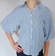 Koszula damska w biało-niebieskie paski, bufiaste rękawy XS - pasuje na M