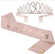 Korona Tiara Opaska 30 urodziny śr.13.5cm i szarfa Róż metalowa 